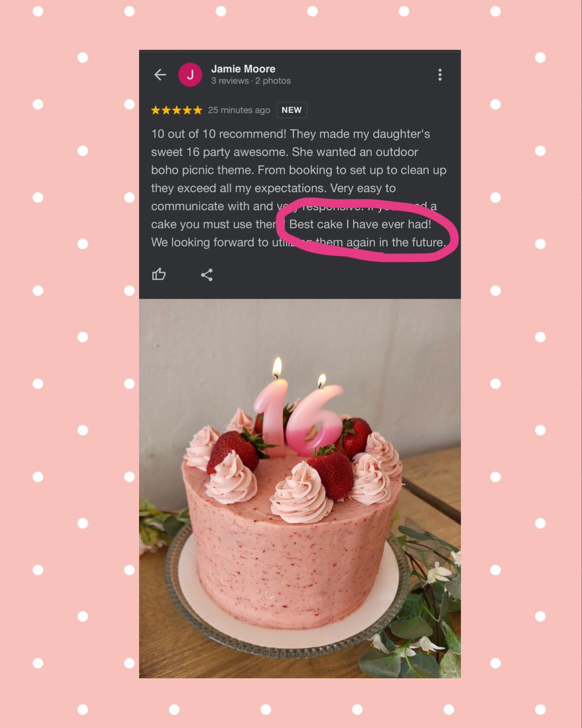 We love what we do and reviews like this make our job so much sweeter (pun intended). 🎂🍓

.
.
.
.

#customcakes #birthdaycake #noartificialcolors #noartificialflavors #strawberrycake #womenowned #womenownedbusiness #Fayetteville #familyrecipe #birthdaywishes #birthdayparty #birthdaygirl #birthday #specialdelivery #personalized #giftwrapping #homemade #nwaeats #bentonville #rogers #fayetteville #nwarkansas #shoplocal #shopsmall #huntsvillearkansas